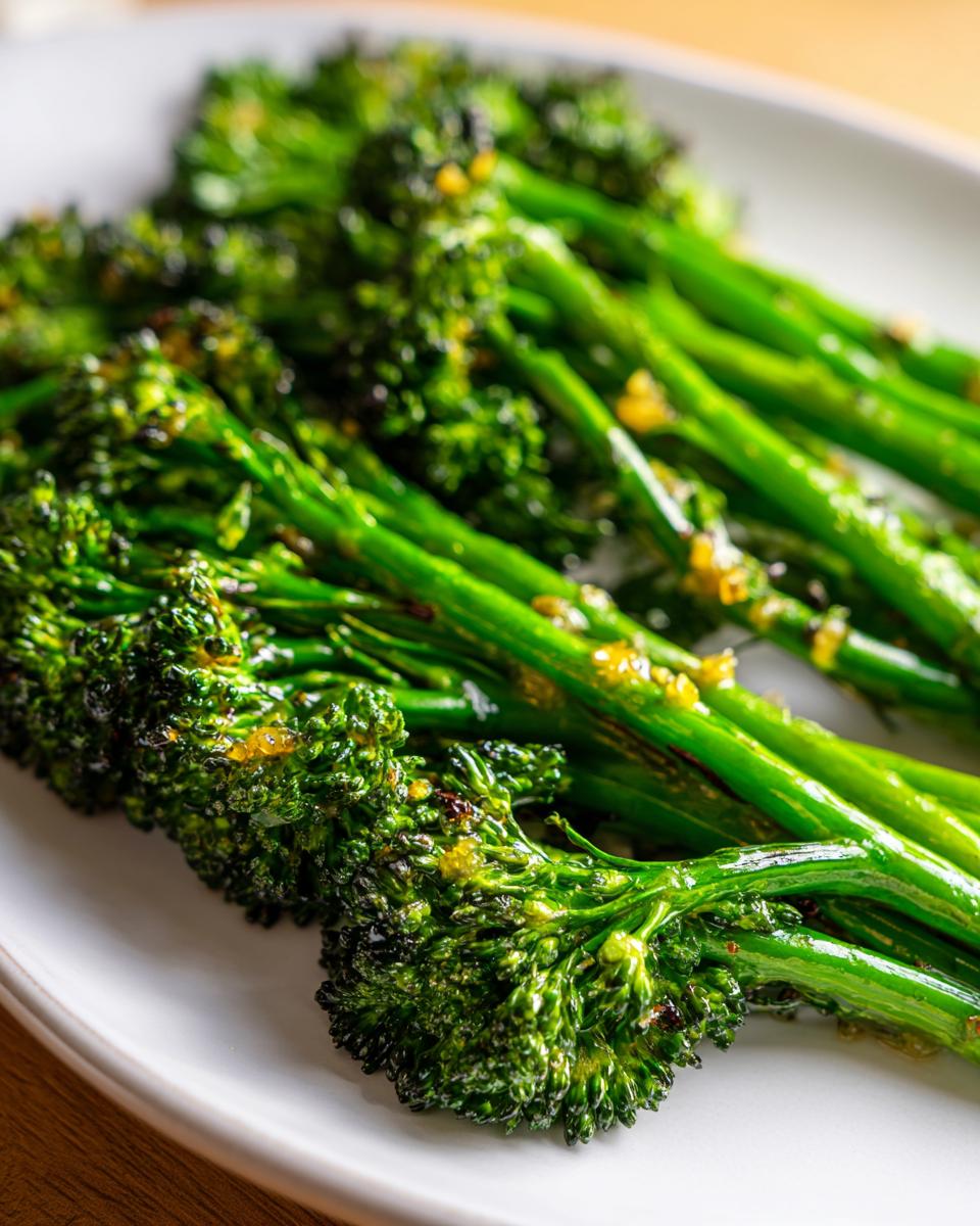 Close-up of bright green roasted broccolini spears glistening with a light glaze, ready to serve.