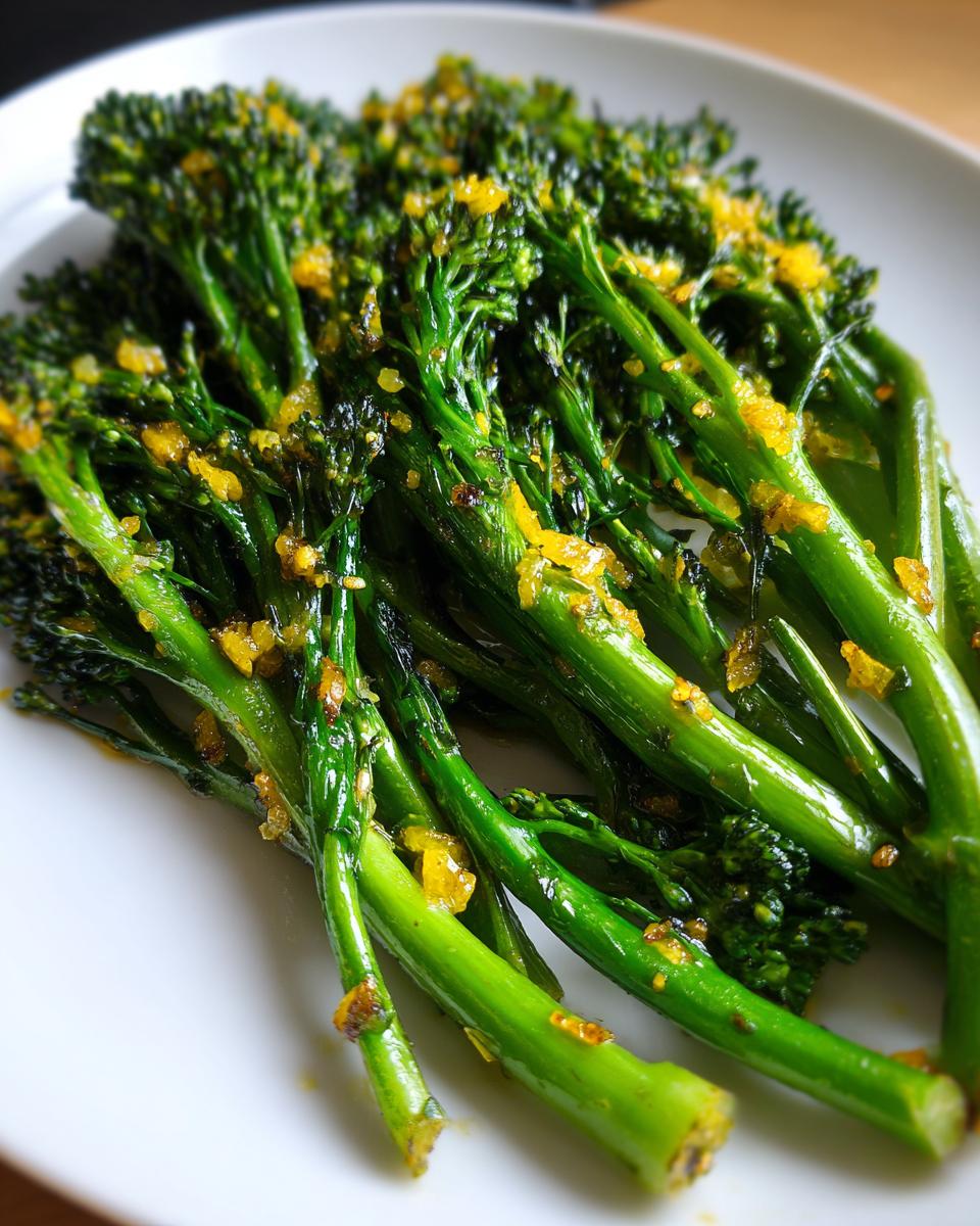 Close-up of bright green roasted broccolini topped with visible yellow lemon zest.