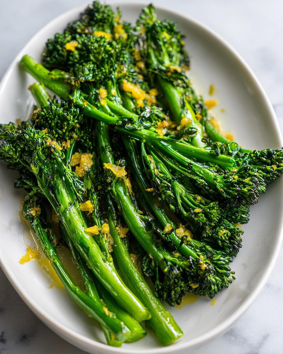 Close-up of bright green roasted broccolini topped with yellow lemon zest and oil on a white serving dish.