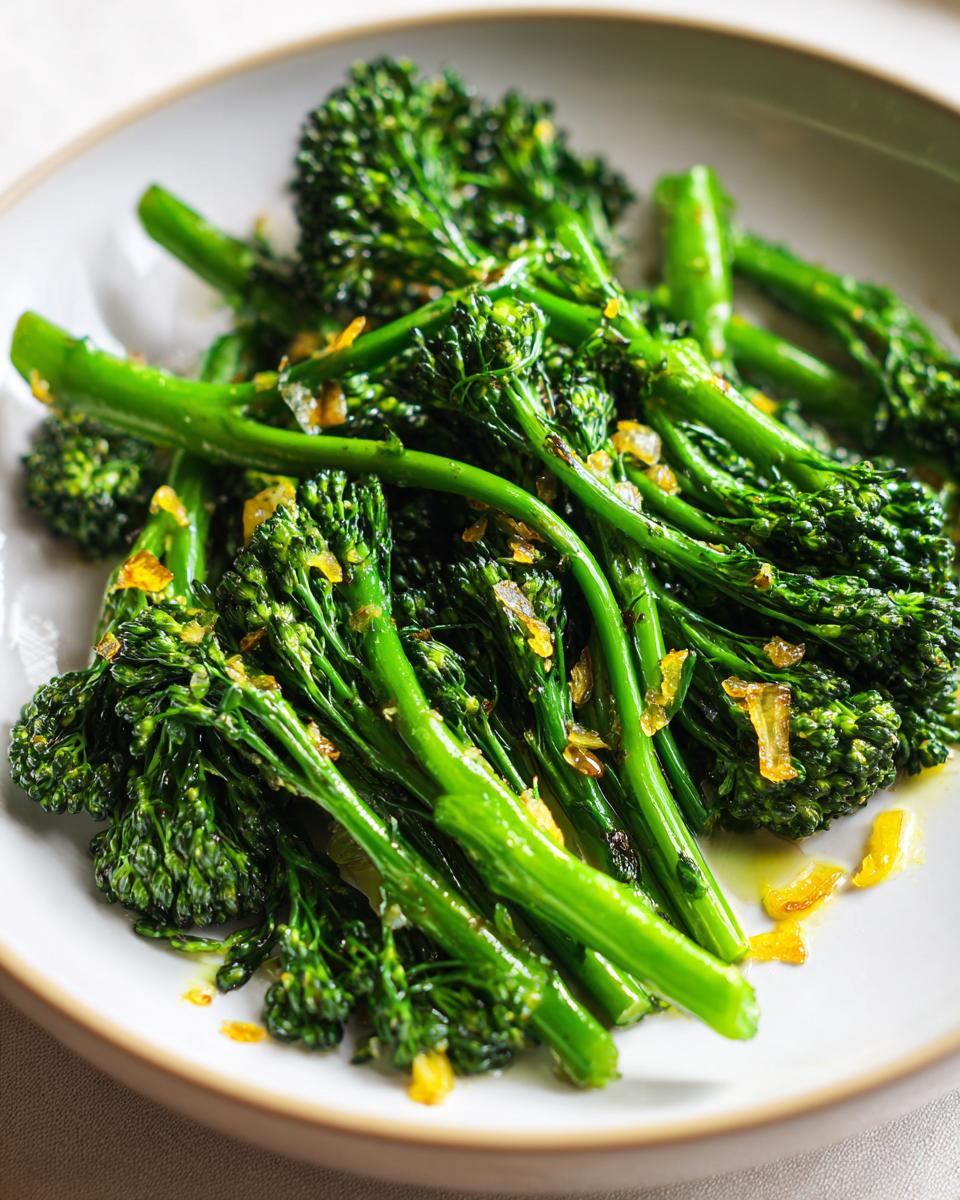 Close-up of bright green roasted broccolini tossed with golden lemon zest on a white plate.