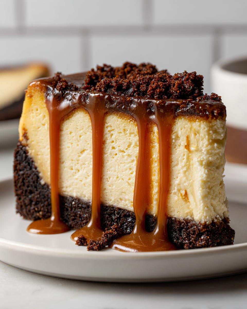 Close-up of a rich slice of salted caramel cheesecake with thick caramel dripping down the sides.
