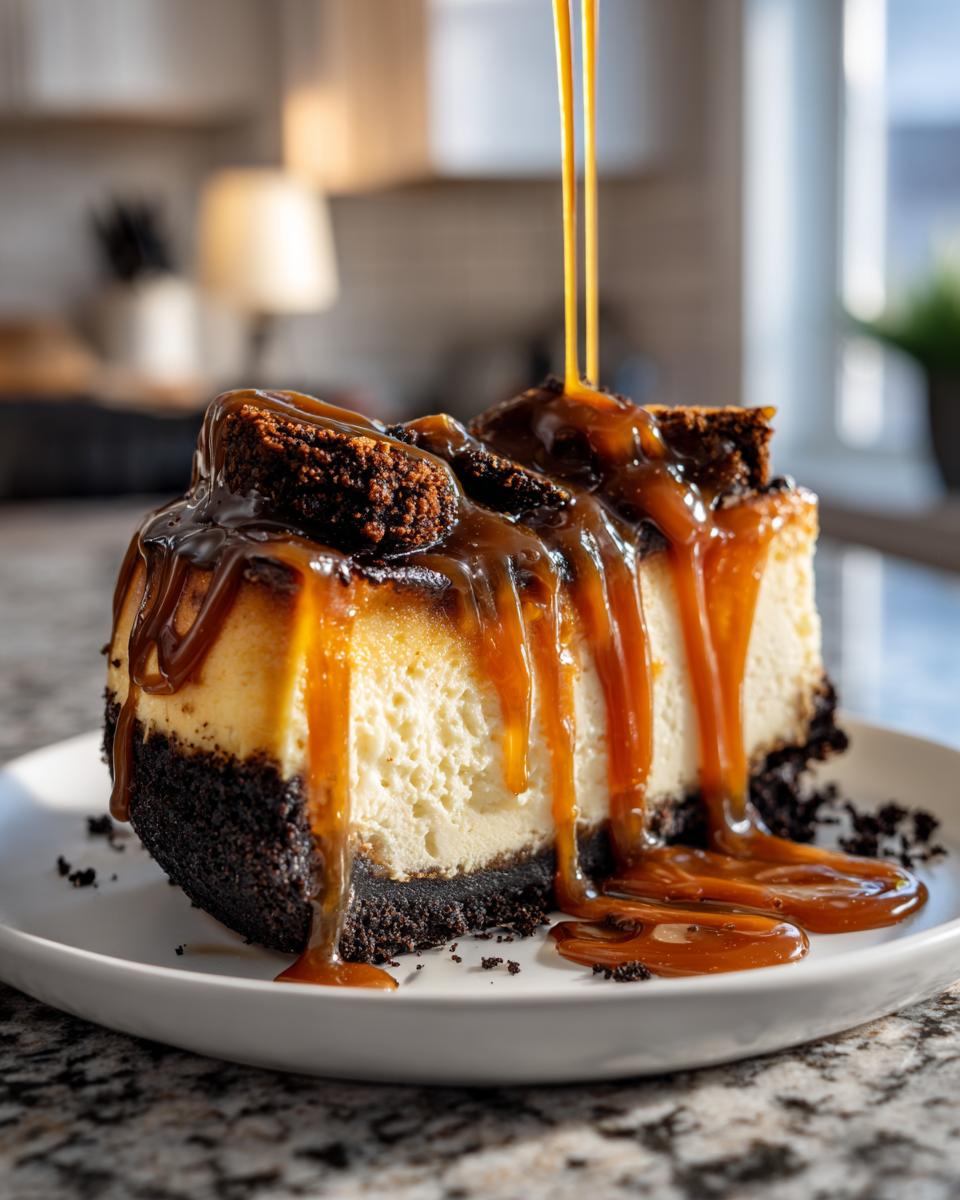 A decadent slice of salted caramel cheesecake with a thick chocolate crust, topped with brownie pieces and rich caramel sauce being drizzled on top.