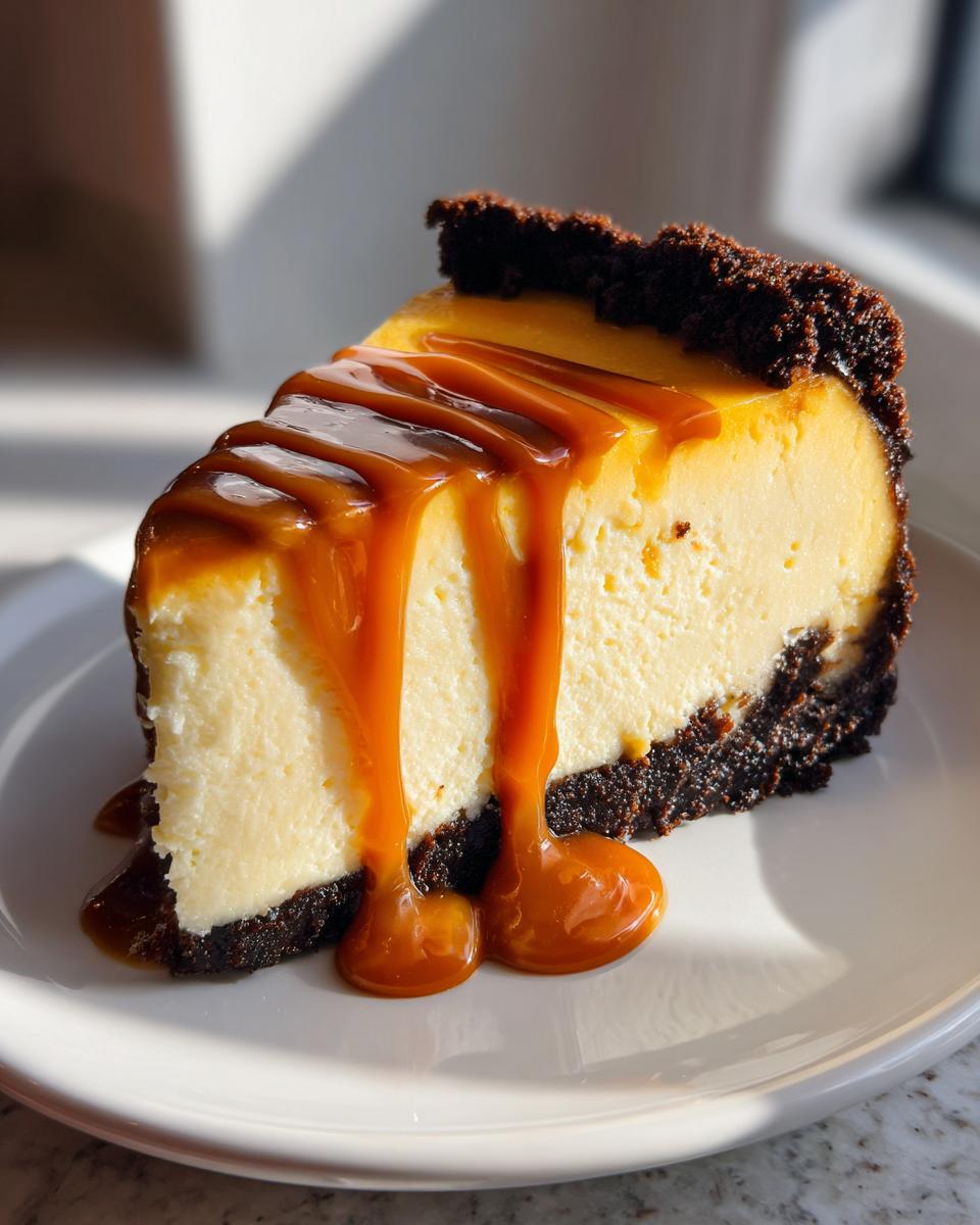 A rich slice of salted caramel cheesecake with a thick chocolate crust and caramel sauce dripping down the side.