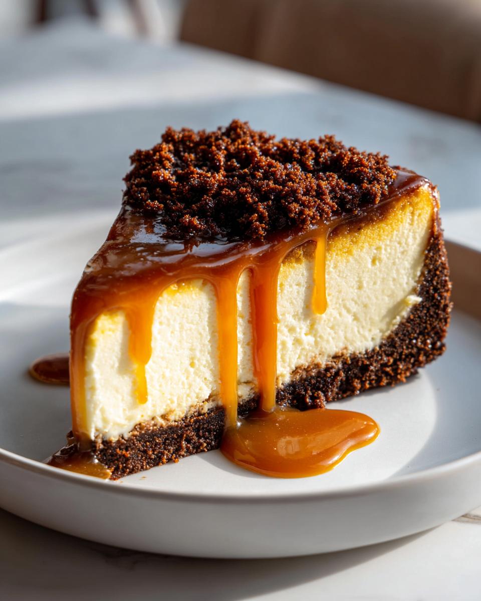 A decadent slice of salted caramel cheesecake featuring a thick, creamy filling, dark crust, and rich caramel dripping down.