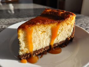 A decadent slice of salted caramel cheesecake with rich, golden caramel sauce dripping down the side onto a white plate.