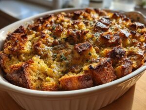 Close-up of a golden brown, baked sausage stuffing recipe with crispy bread cubes and fresh thyme.