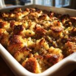 Close-up of a golden brown, baked sausage stuffing recipe with crispy bread cubes and herbs in a white baking dish.
