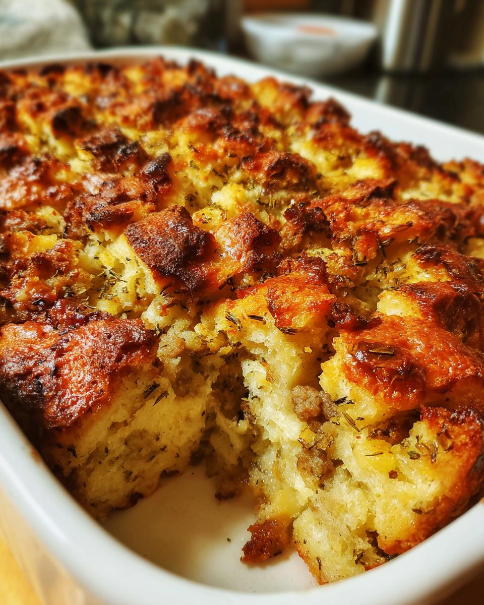 Close-up of a golden brown, baked sausage stuffing recipe with a piece scooped out, showing herbs and sausage texture.
