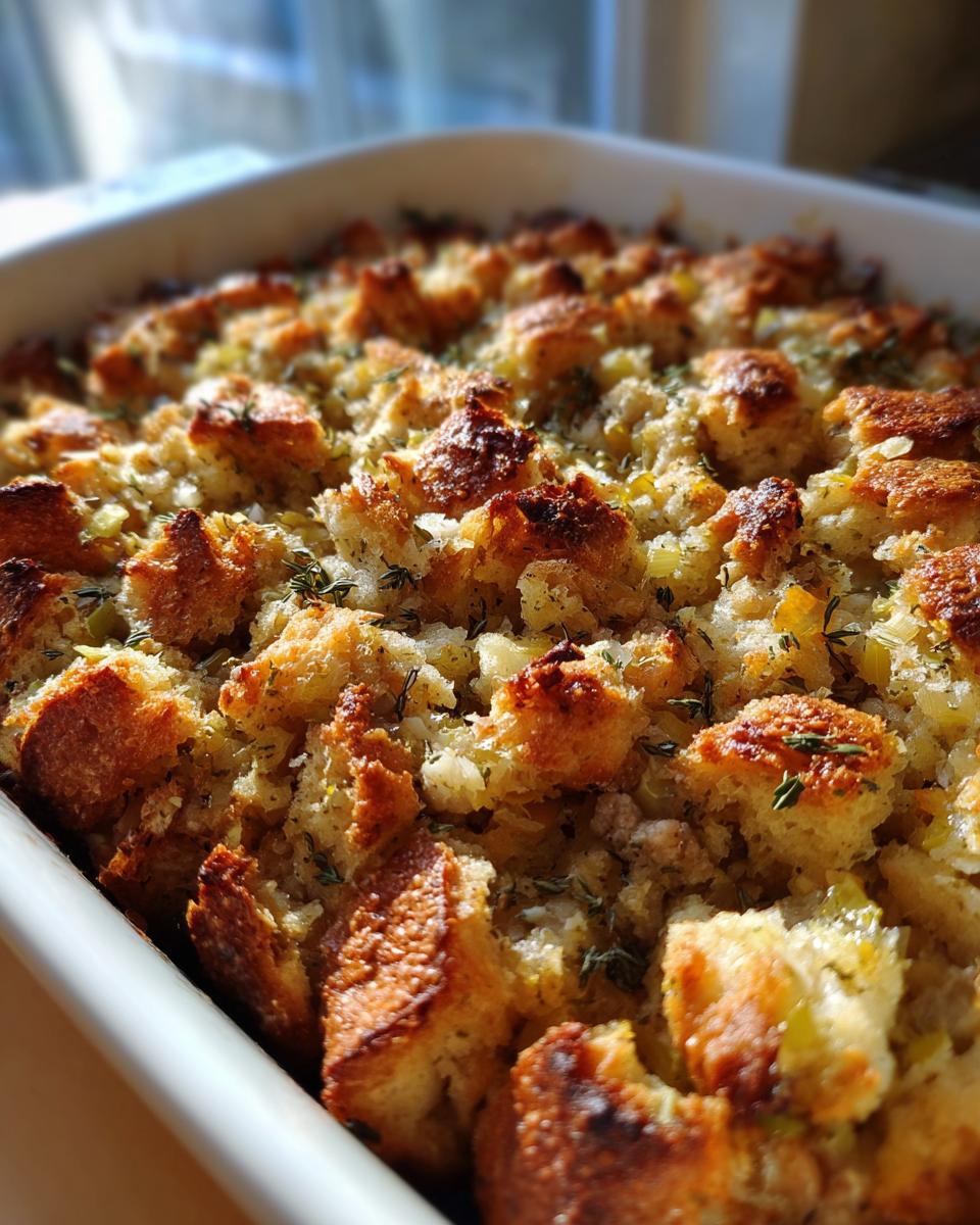 Close-up of baked sausage stuffing recipe with crispy bread cubes and fresh thyme in a white baking dish.