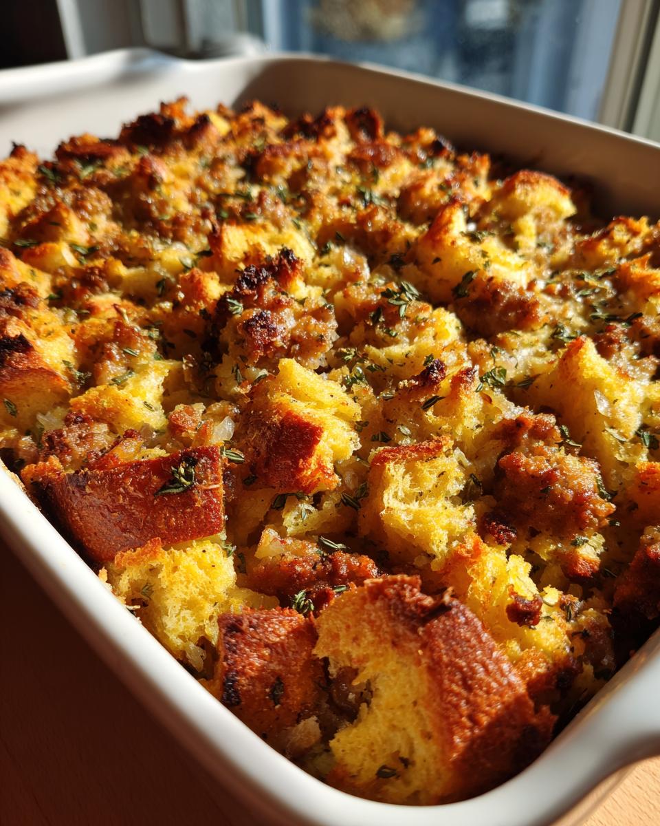 Close-up of golden brown sausage stuffing recipe baked in a white casserole dish, topped with herbs.