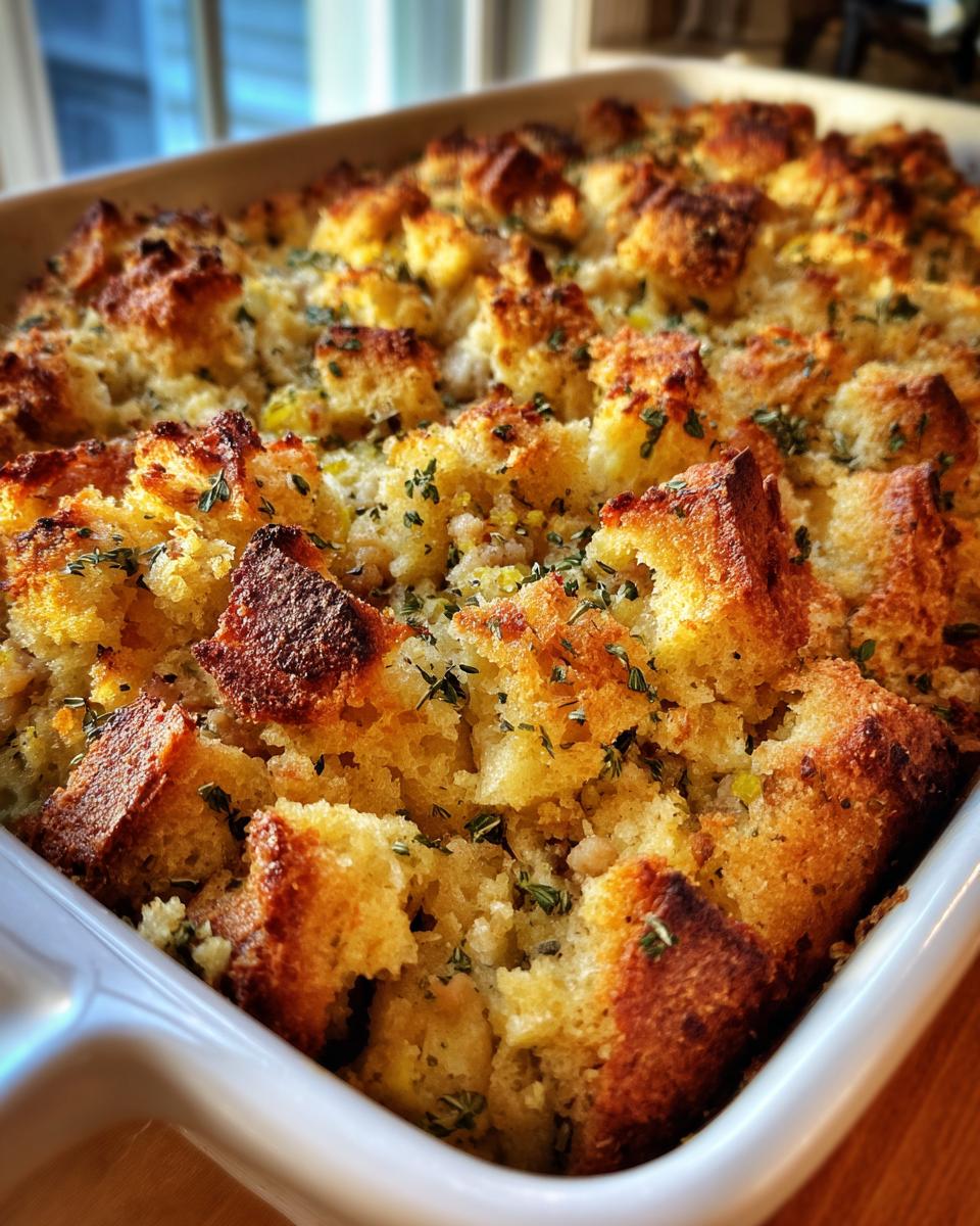 Close-up of a baked sausage stuffing recipe with crispy, golden-brown bread cubes and herbs in a white casserole dish.