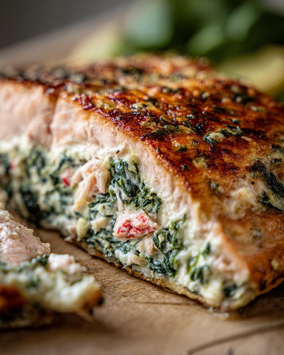 A close-up cross-section of perfectly seared stuffed salmon revealing a creamy spinach and red pepper filling.