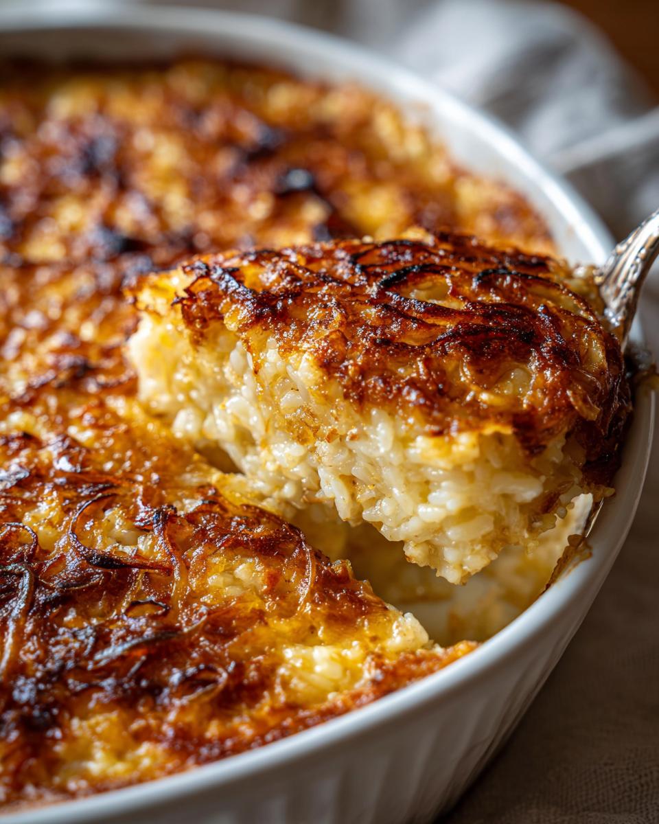A spoonful of creamy french onion butter rice being lifted from a white baking dish, showing a caramelized onion topping.