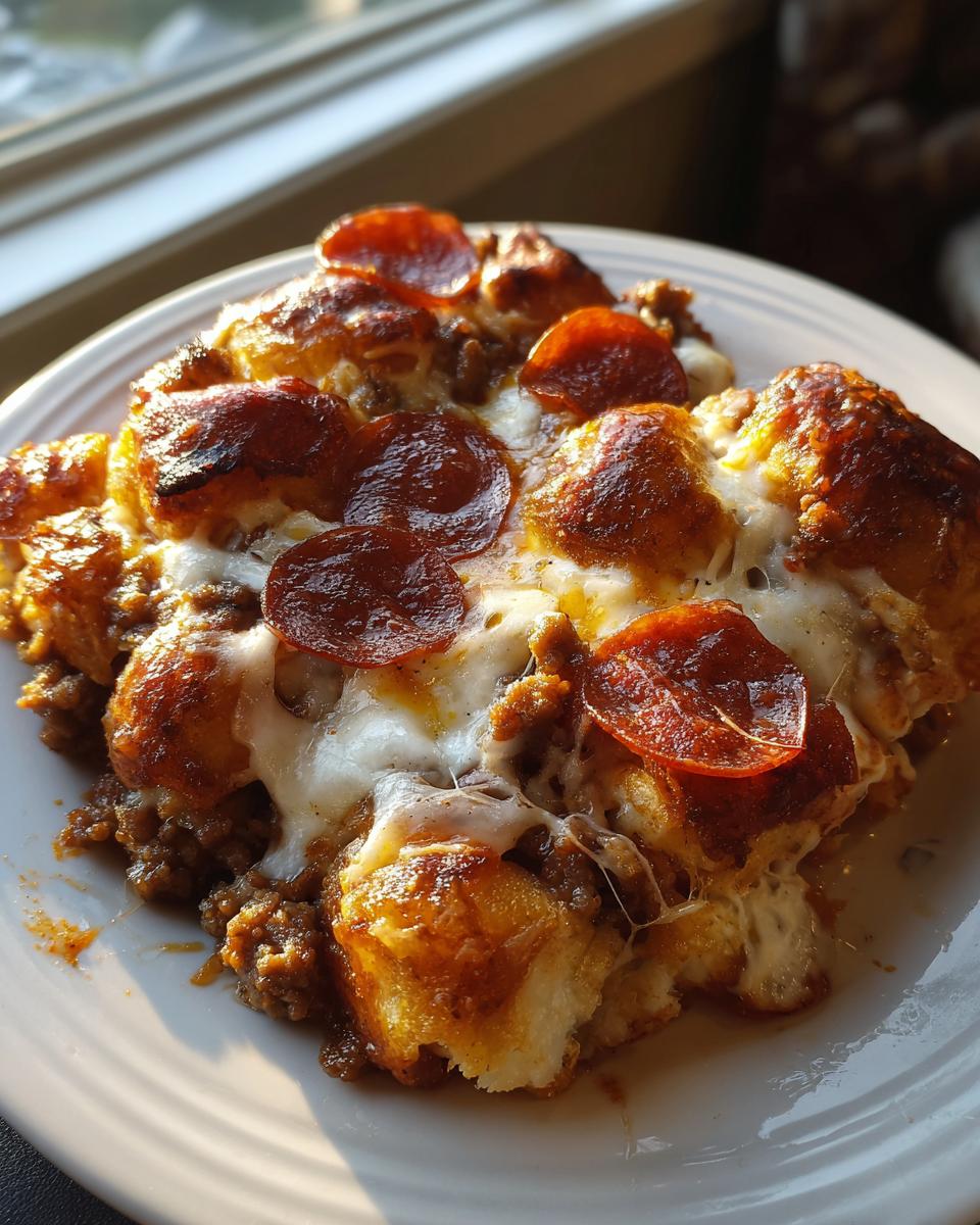 A close-up serving of amazing pizza casserole topped with melted mozzarella cheese and crispy pepperoni slices.
