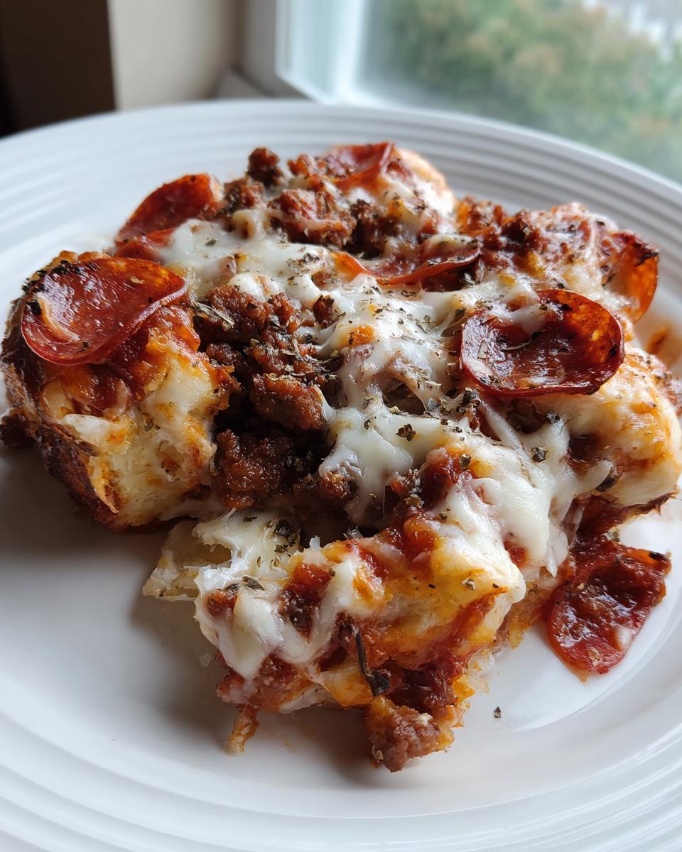 Close-up of a serving of pizza casserole with melted mozzarella, pepperoni, sausage, and herbs on a white plate.