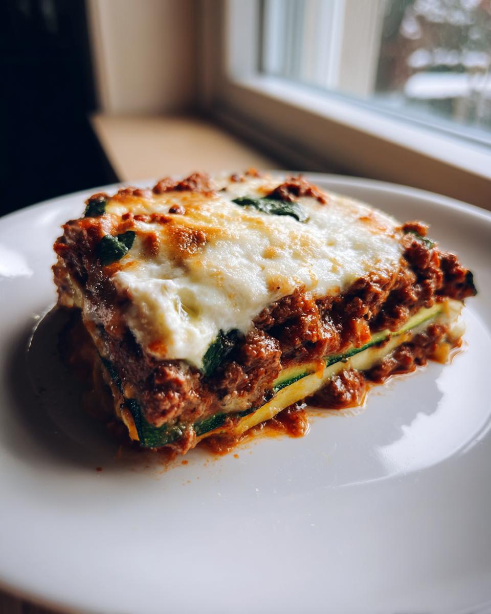 A close-up of a single serving of zucchini lasagna, showing layers of meat sauce, ricotta, and zucchini noodles.