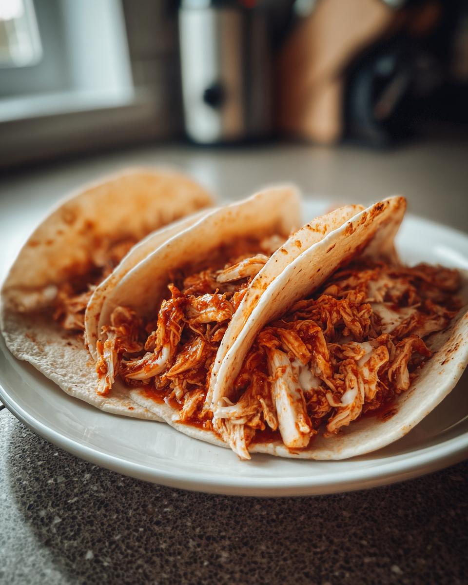Close-up of soft tortillas filled with saucy, shredded chicken for amazing chicken tacos.