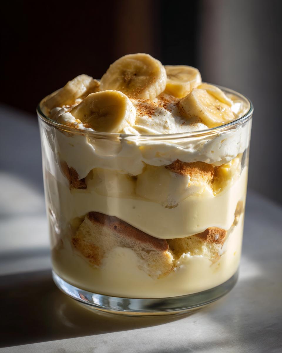 Close-up of scratch banana pudding layered with vanilla custard, wafers, and topped with whipped cream and sliced bananas.