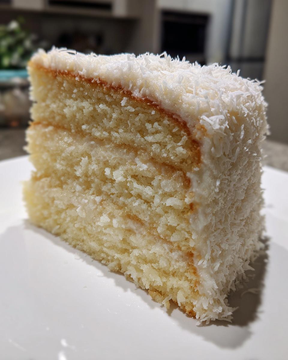 Close-up of a moist slice from a 3-layer coconut cake recipe, covered in white frosting and shredded coconut.