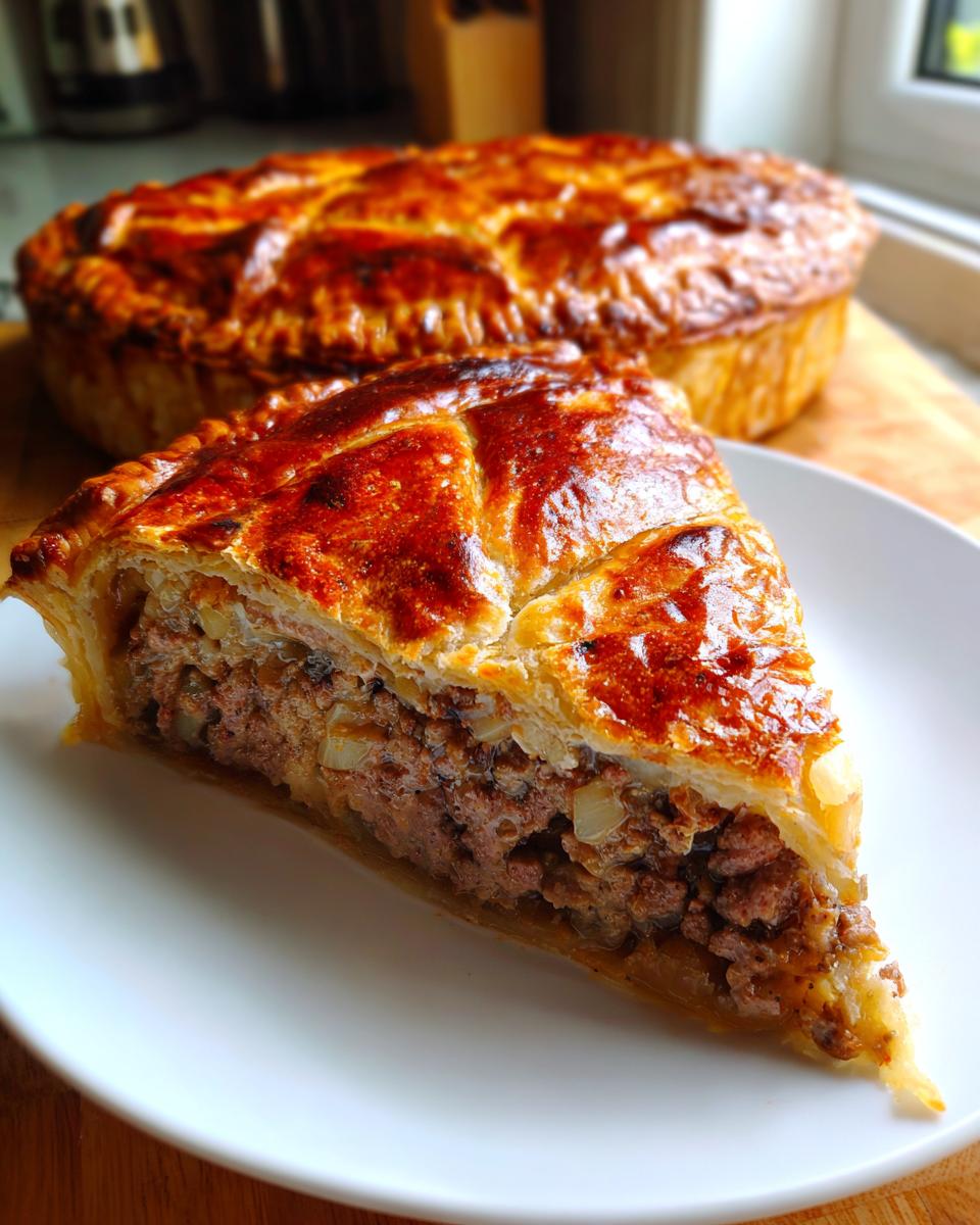 A thick slice of savory meat pie showing rich ground filling and a flaky, golden-brown crust.