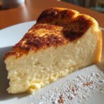 A thick slice of creamy baked egg custard with a dark, caramelized top, dusted with powdered sugar.
