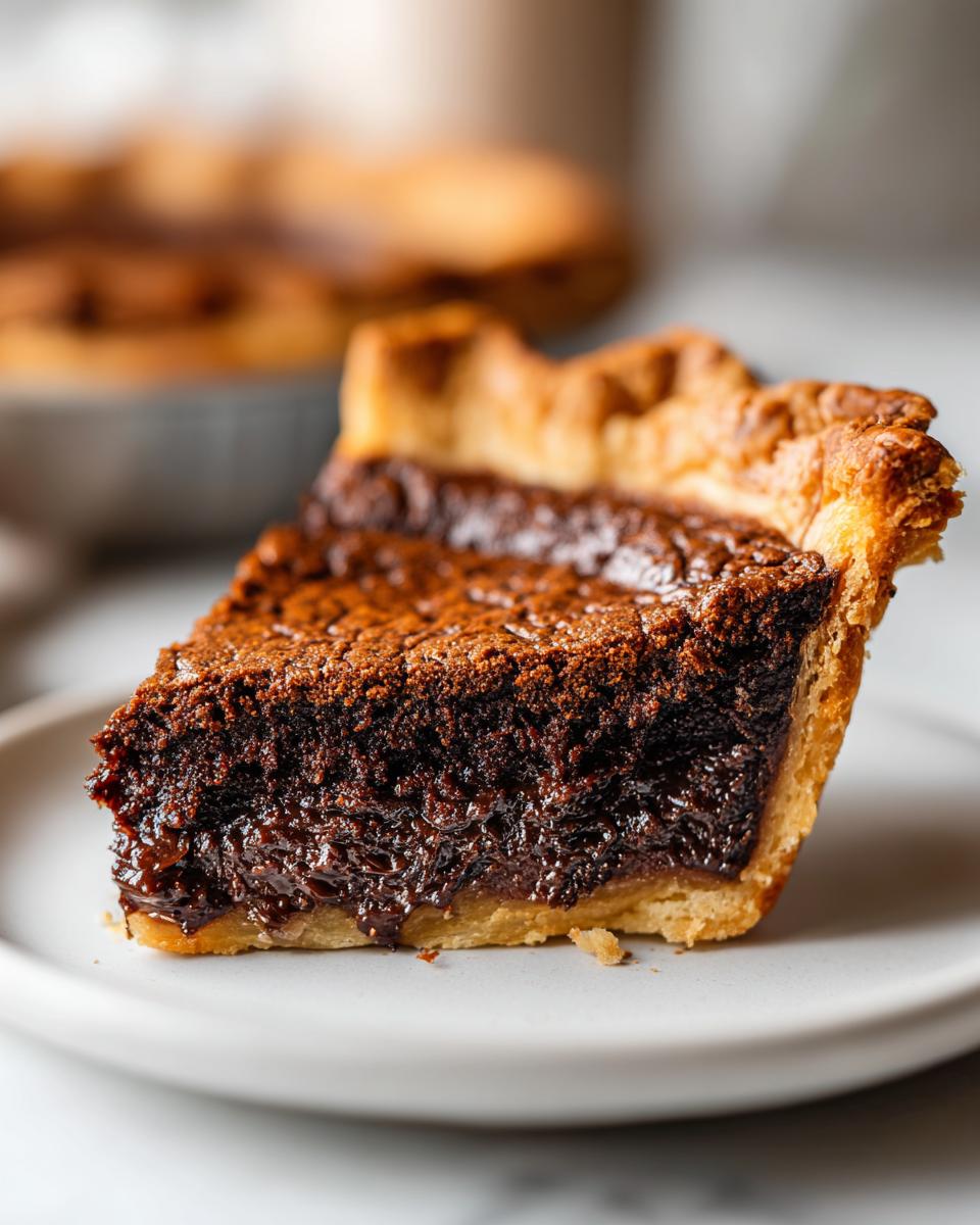 Close-up of a rich, gooey slice of chocolate chess pie with a flaky crust, served on a white plate.