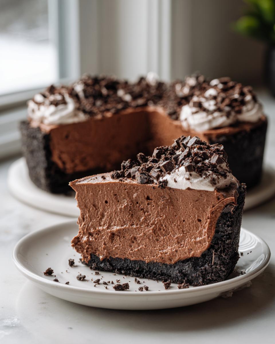A decadent slice of chocolate mousse pie with a thick, dark crust, topped with whipped cream and chocolate shavings.