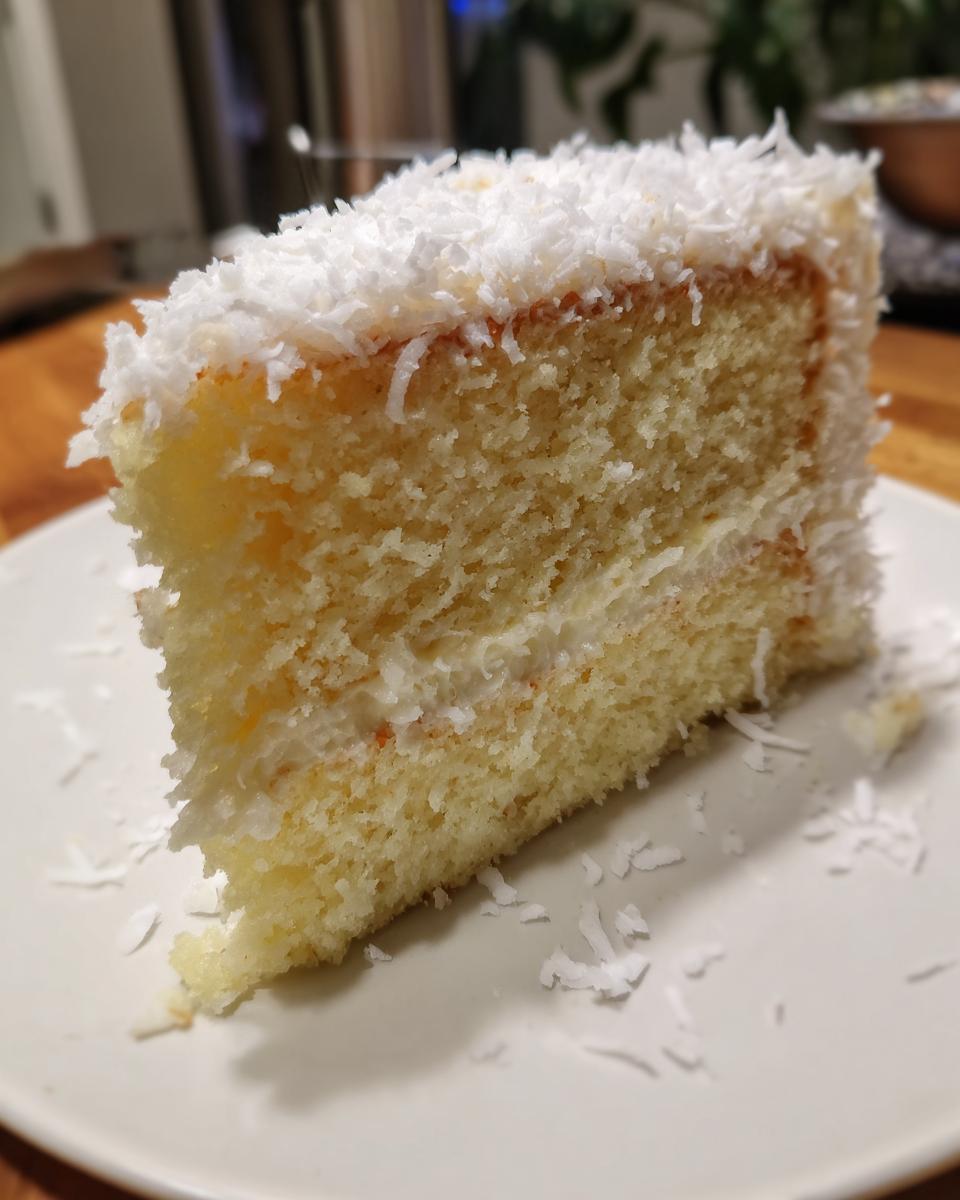 Close-up of a moist slice from a coconut cake recipe, covered in shredded coconut.