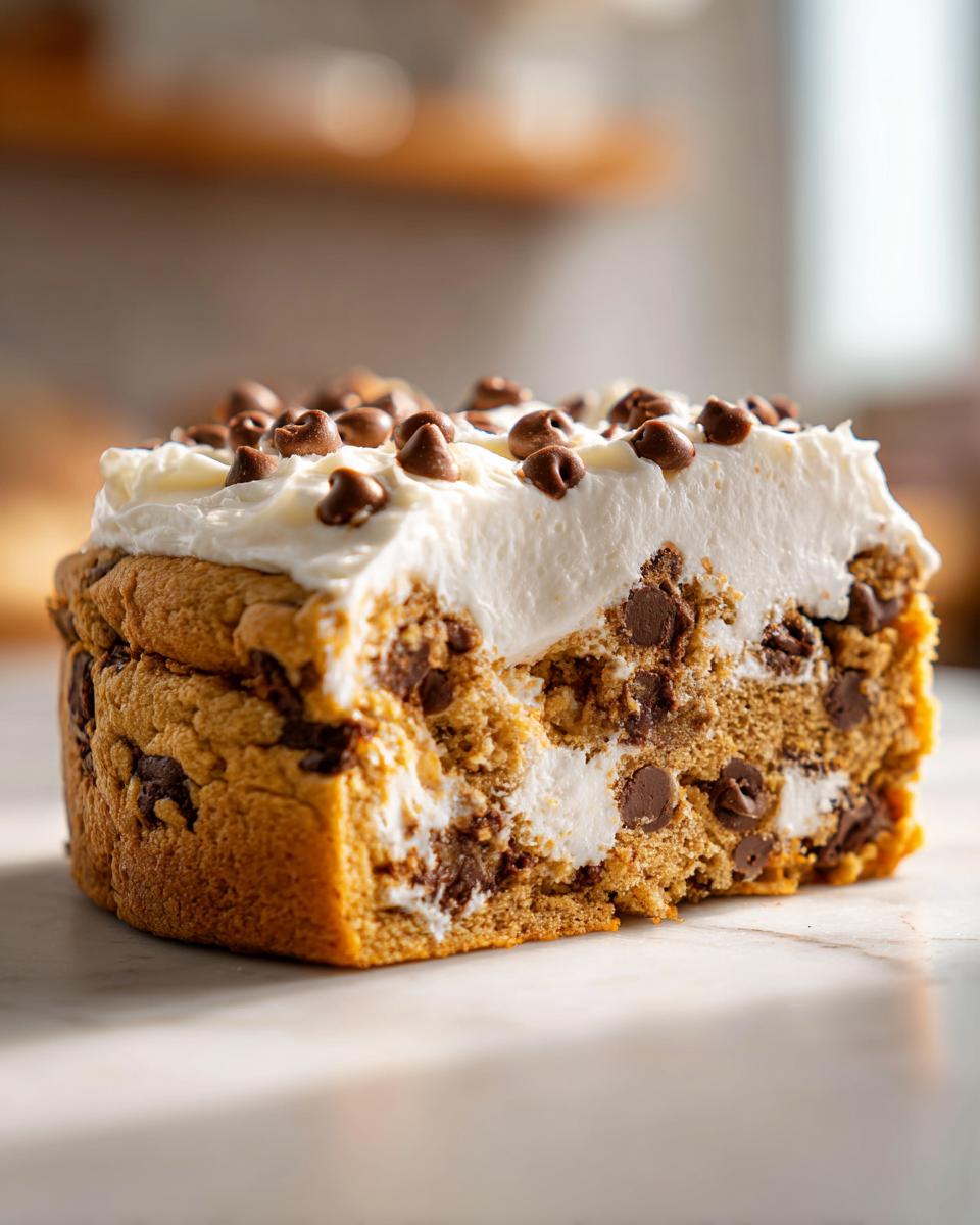 A thick slice of cookie cake recipe with chocolate chips and creamy white frosting on top.