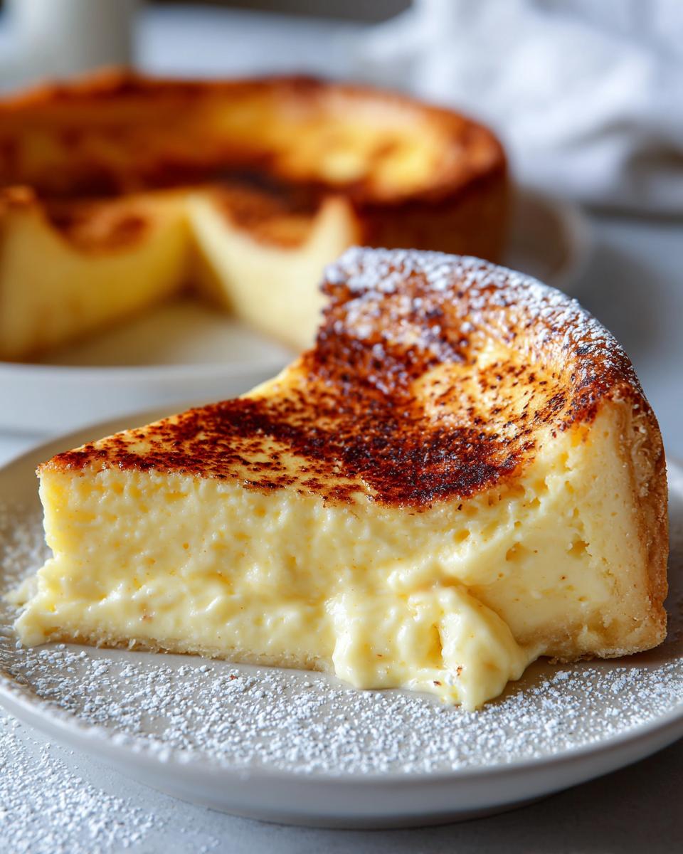 Close-up of a slice of creamy egg custard dessert dusted with powdered sugar, showing a gooey center.