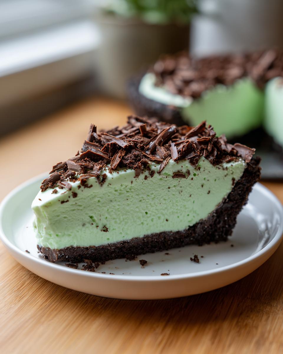 A decadent slice of bright green grasshopper pie with a dark chocolate crust, topped with chocolate shavings.