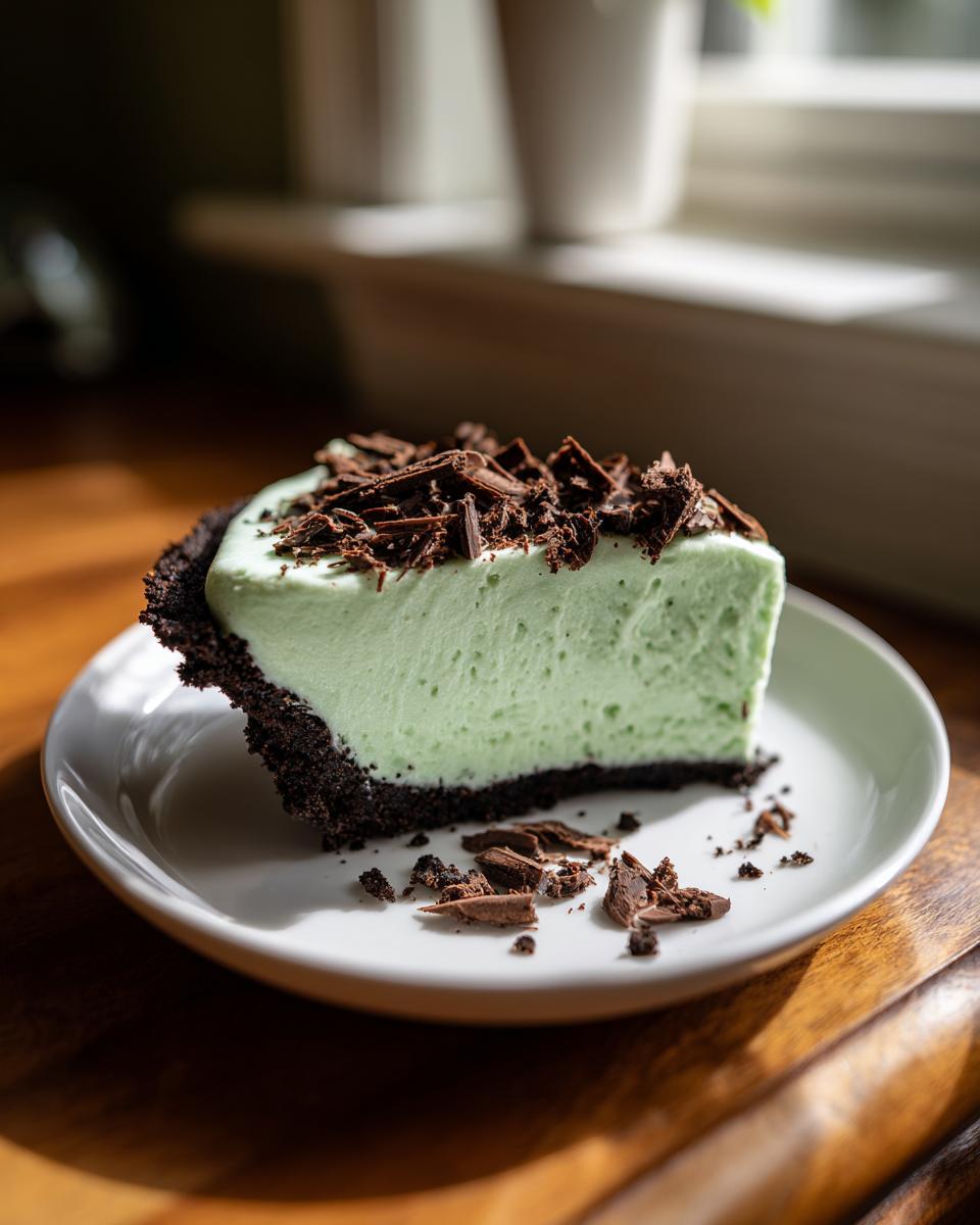 A slice of light green grasshopper pie with a dark chocolate crust, topped with chocolate shavings, sitting on a white plate.