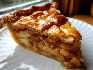 Close-up of a perfect slice of homemade apple pie showing flaky, golden-brown crust and thick apple filling.