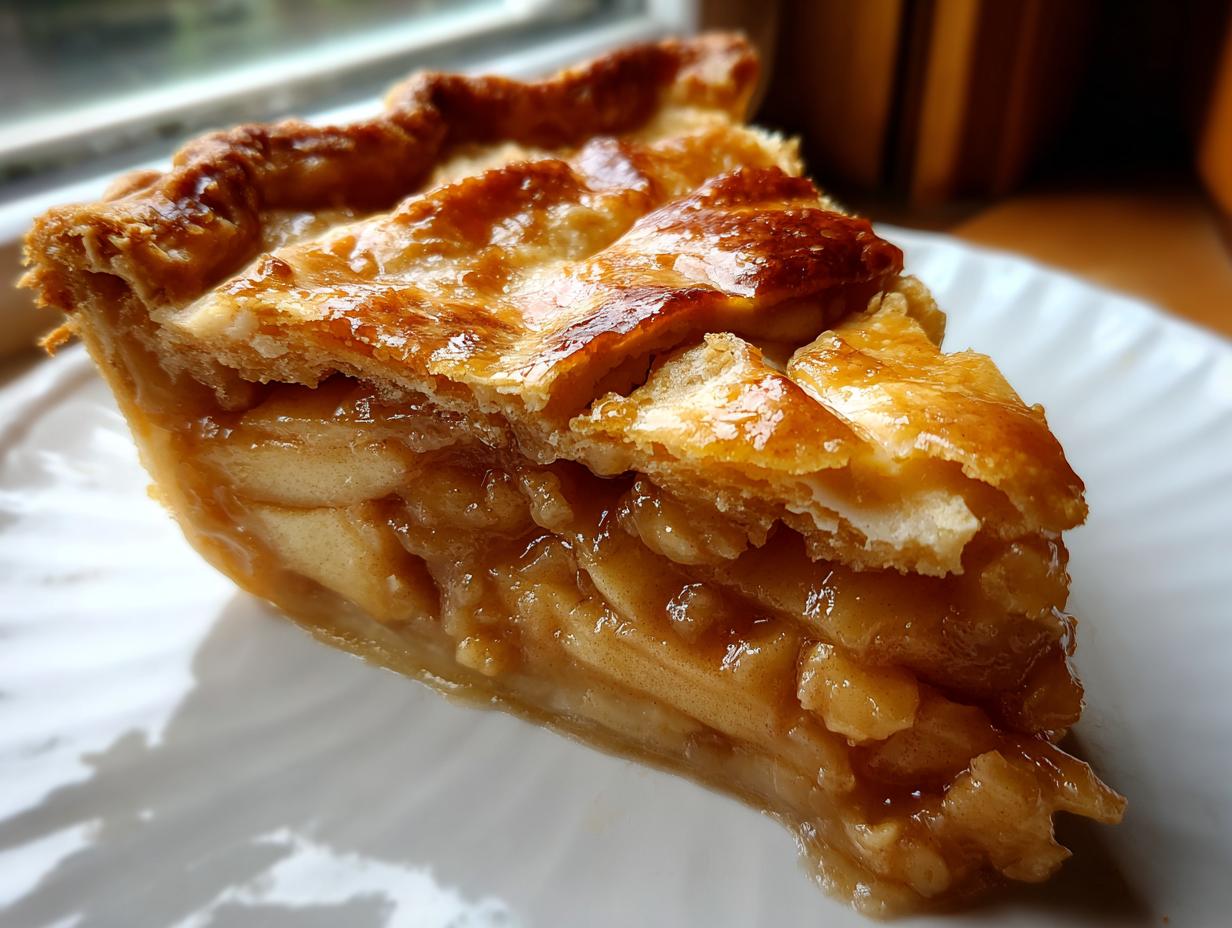Close-up of a perfect slice of homemade apple pie showing flaky, golden-brown crust and thick apple filling.