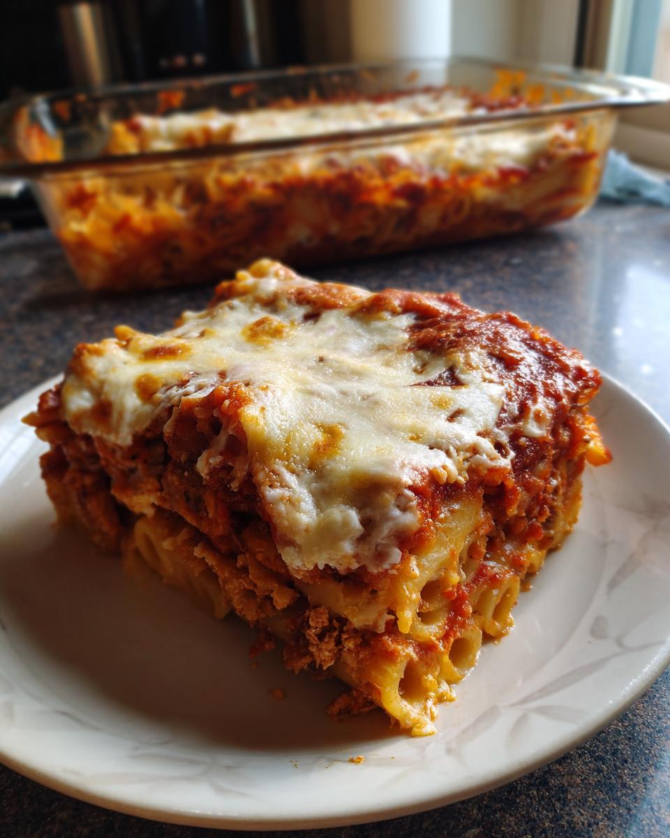 A close-up slice of a hearty pasta bake with rigatoni, rich tomato sauce, and melted mozzarella cheese on a white plate.
