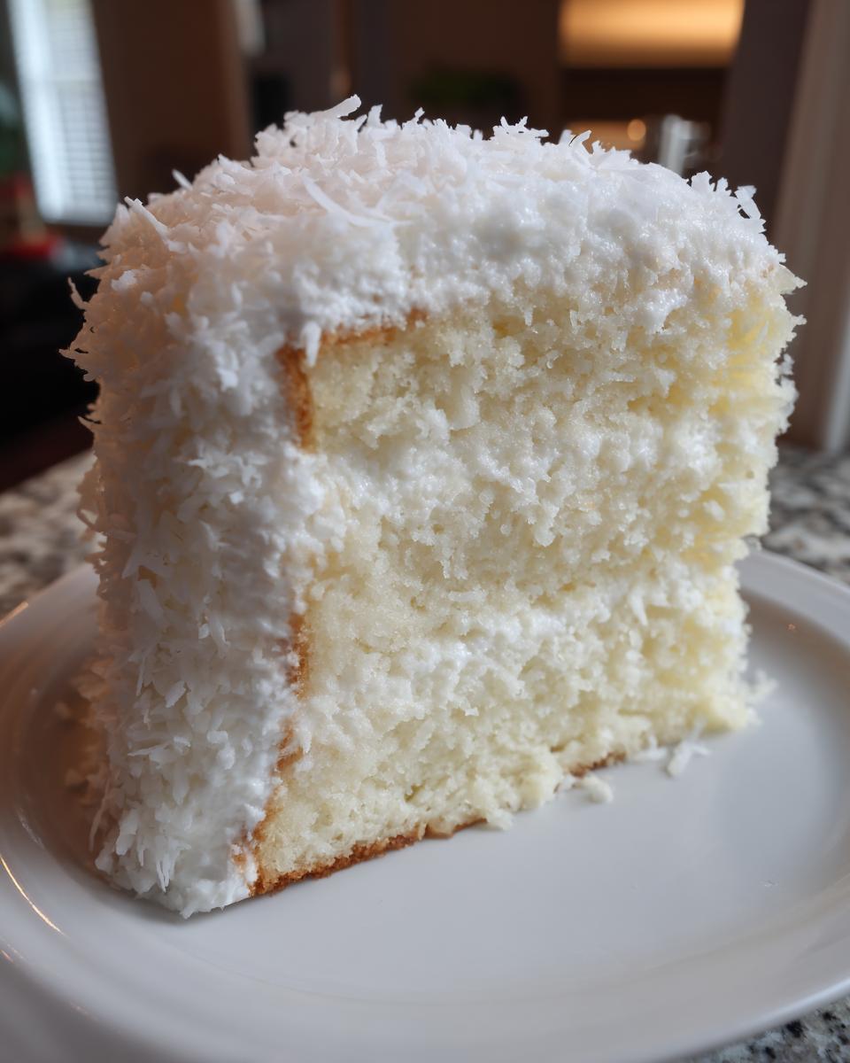 Close-up of a moist slice from a 3-layer coconut cake recipe, covered in white frosting and shredded coconut.