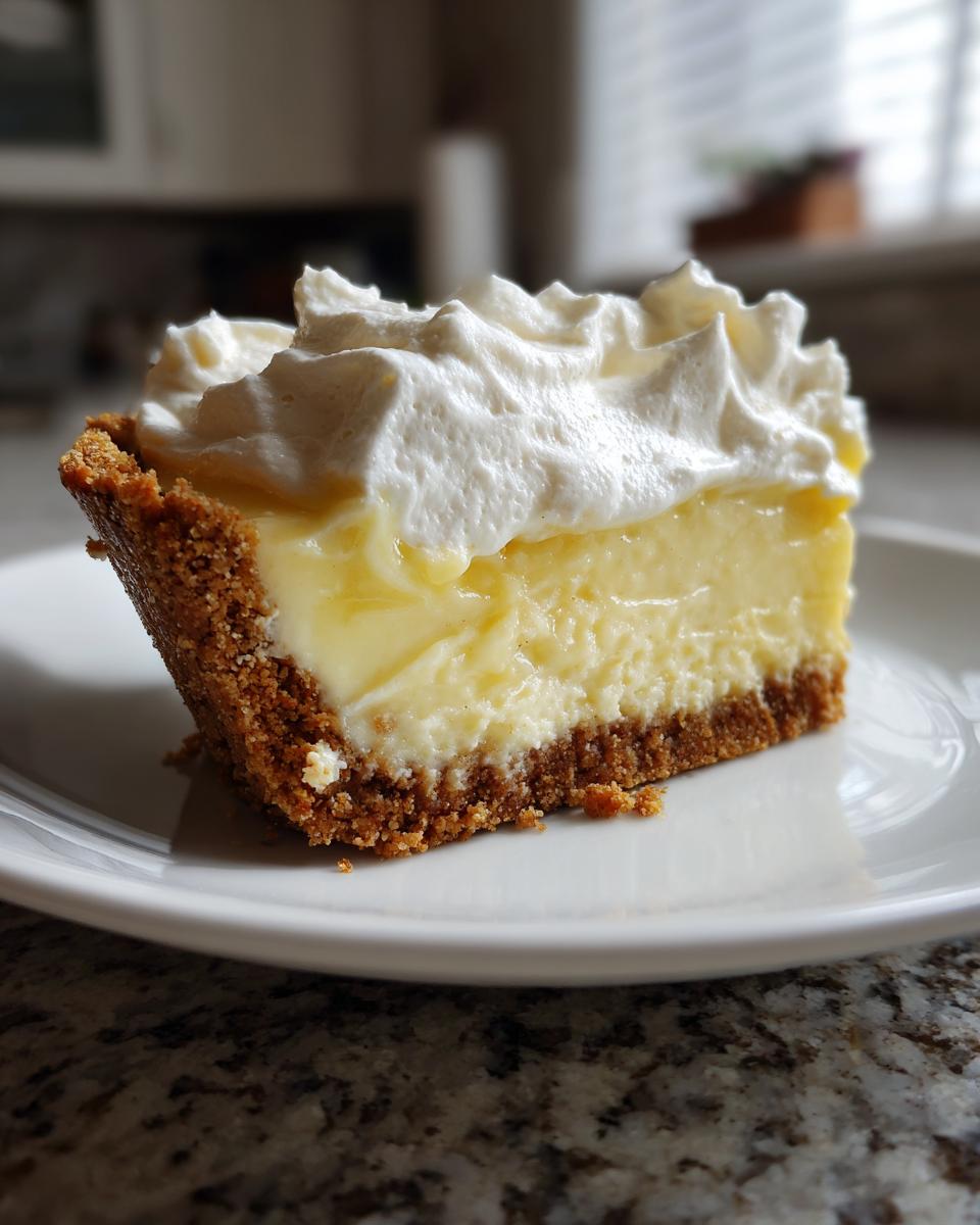 A close-up of a rich slice of lemon pie with a graham cracker crust and generous whipped cream topping.