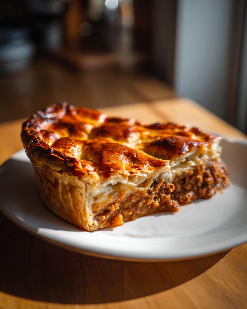 A close-up of a thick slice of meat pie showing flaky golden crust and rich, savory meat filling.
