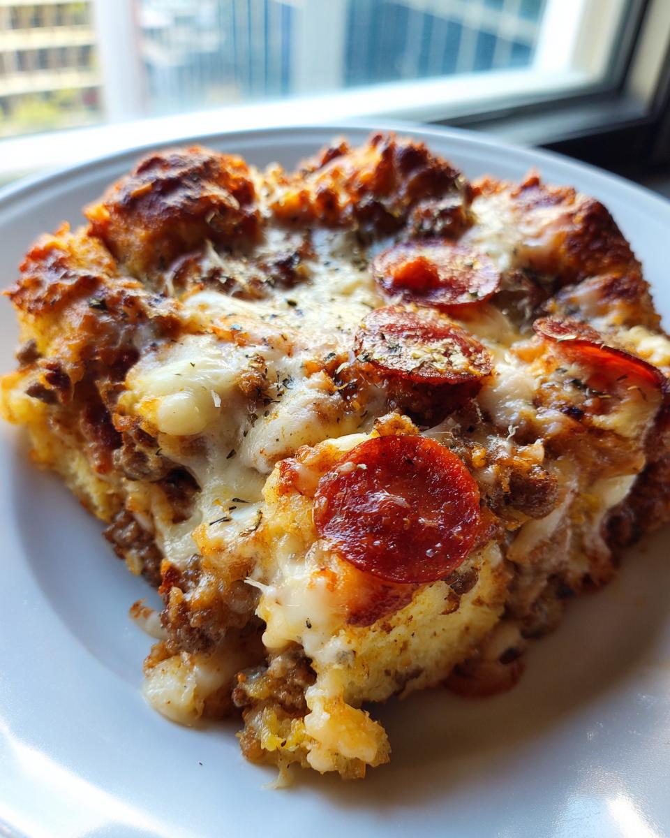 A square serving of baked pizza casserole topped with melted cheese, pepperoni, and herbs on a white plate.