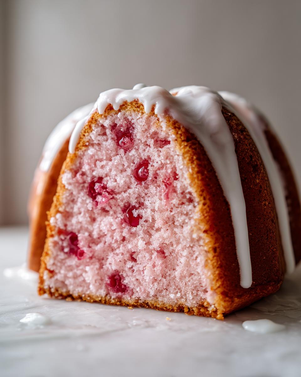 Close-up of a slice of pink cherry cake with visible fruit pieces and a thick white glaze drizzled over the top.