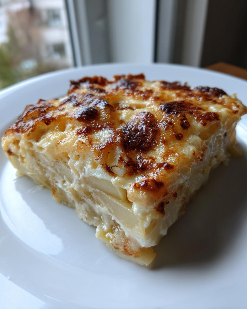A square slice of creamy potatoes au gratin with a deeply browned, cheesy crust, served on a white plate.