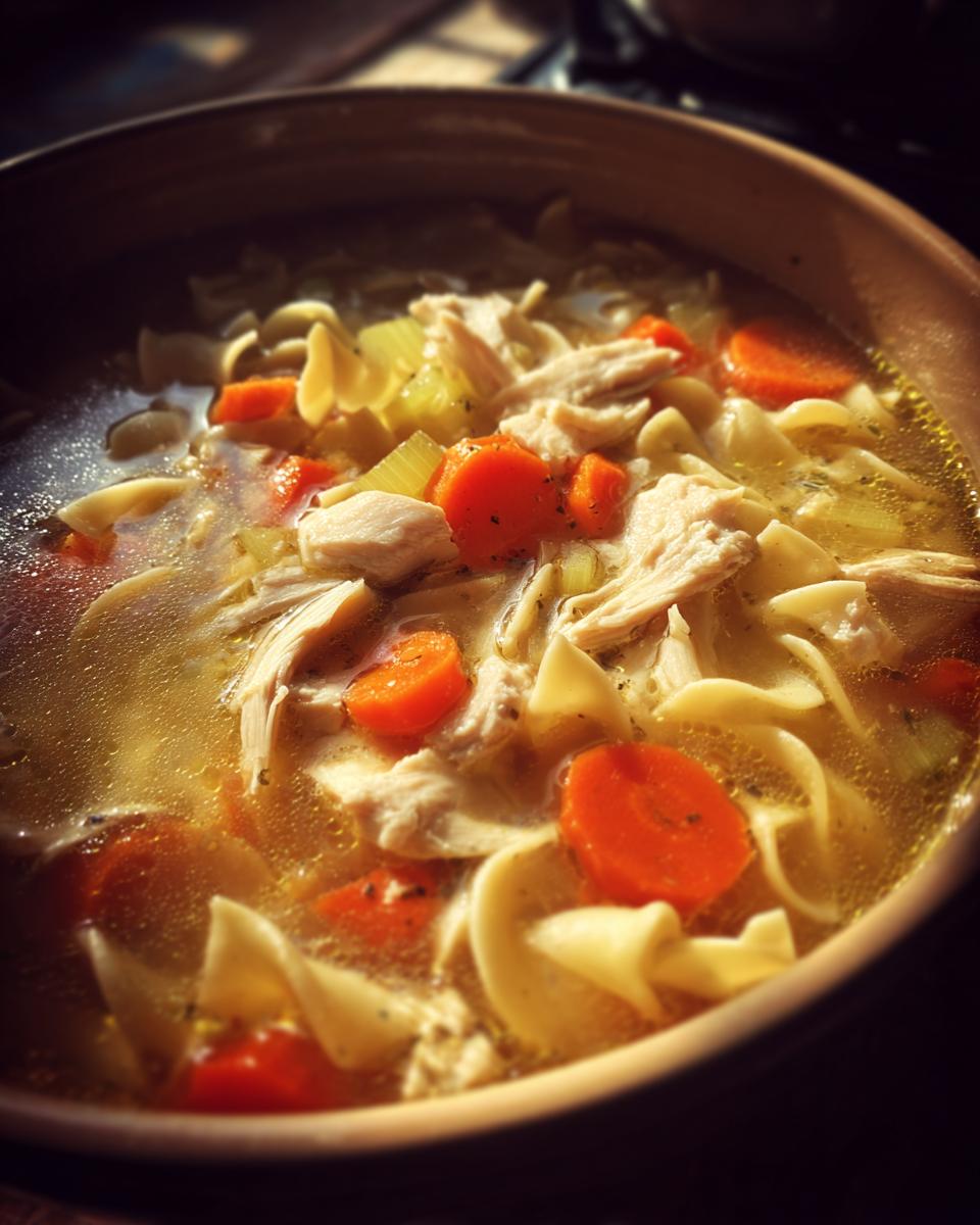 Close-up of a warm bowl filled with slow cooker chicken noodle soup, featuring shredded chicken, egg noodles, and bright carrot slices.