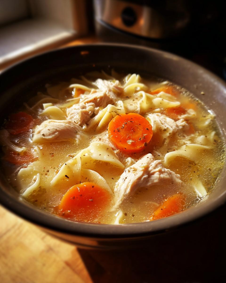 Close-up of a warm bowl of slow cooker chicken noodle soup with shredded chicken, egg noodles, and sliced carrots.