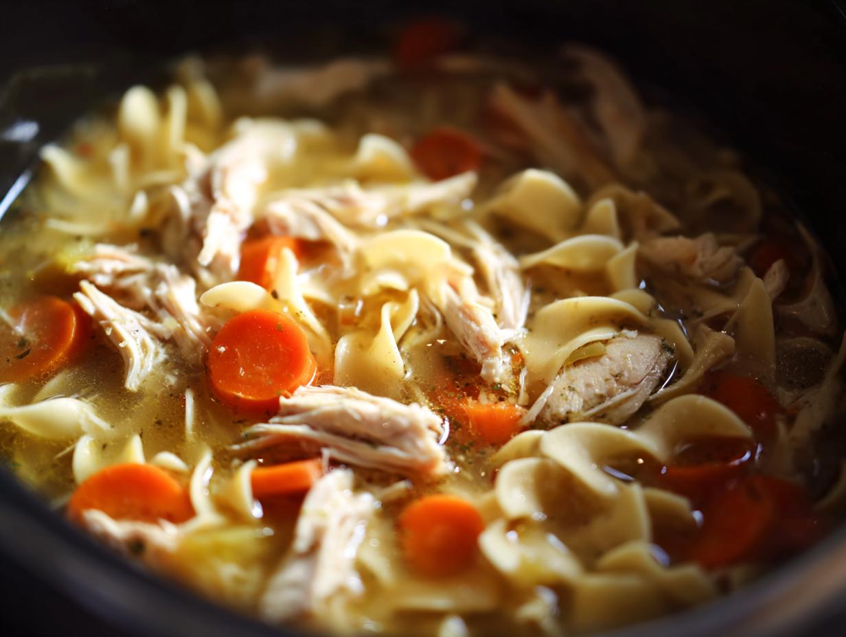 A close-up view of steaming slow cooker chicken noodle soup, featuring shredded chicken, egg noodles, and bright orange carrot slices.