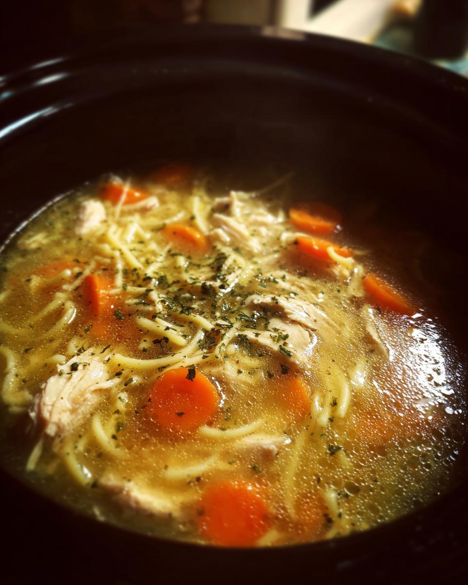 Close-up of hot slow cooker chicken noodle soup with shredded chicken, bright orange carrots, and herbs in a dark crock pot.