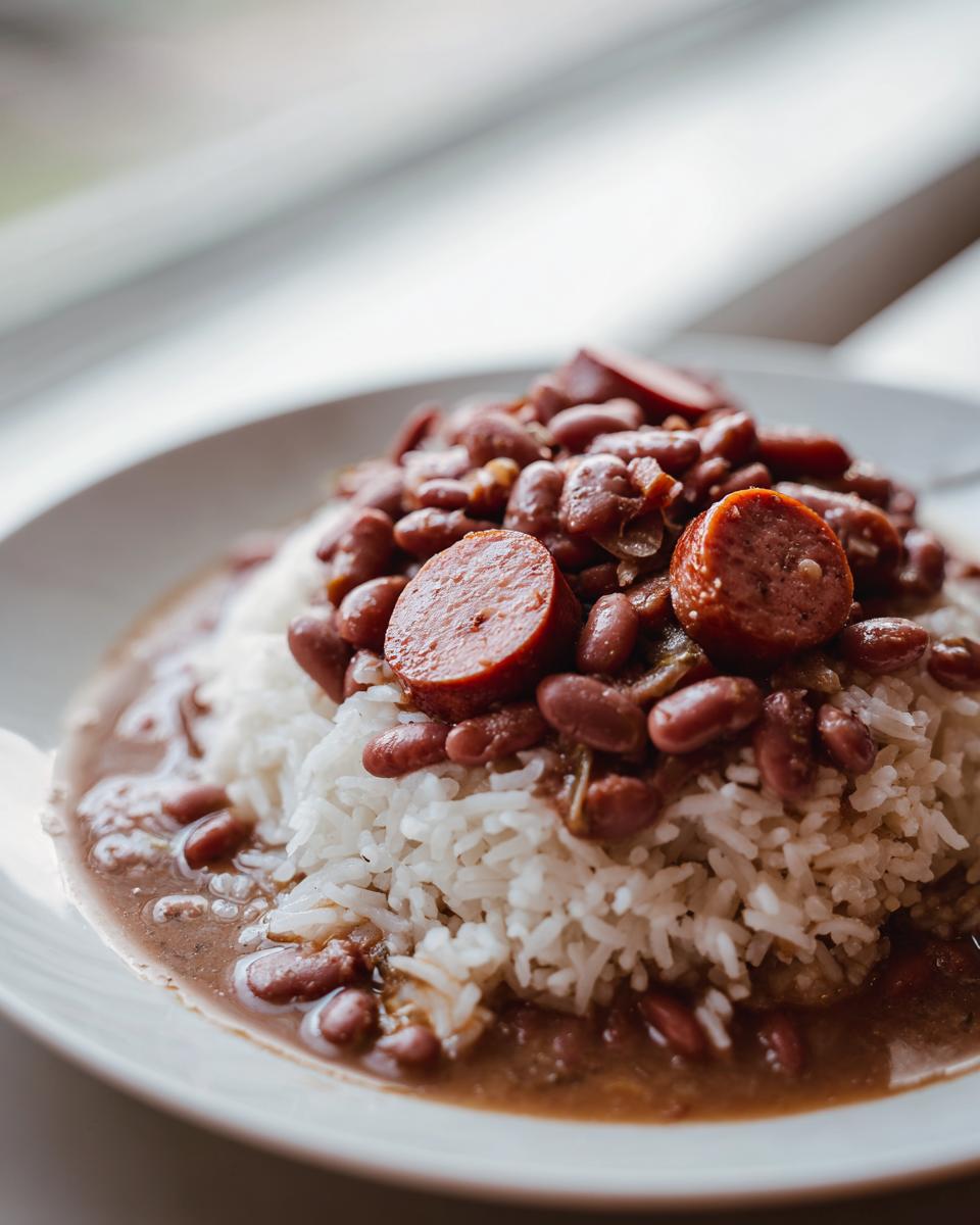 A close-up of a serving of slow cooker red beans and rice topped with sliced smoked sausage.