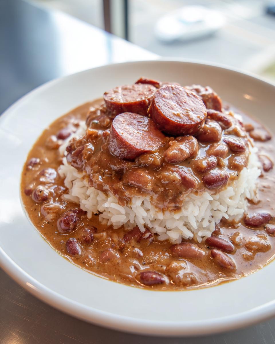 A white bowl filled with white rice topped with creamy slow cooker red beans and rice and slices of smoked sausage.