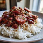 A close-up serving of slow cooker red beans and rice topped with sliced smoked sausage and garnished with parsley.