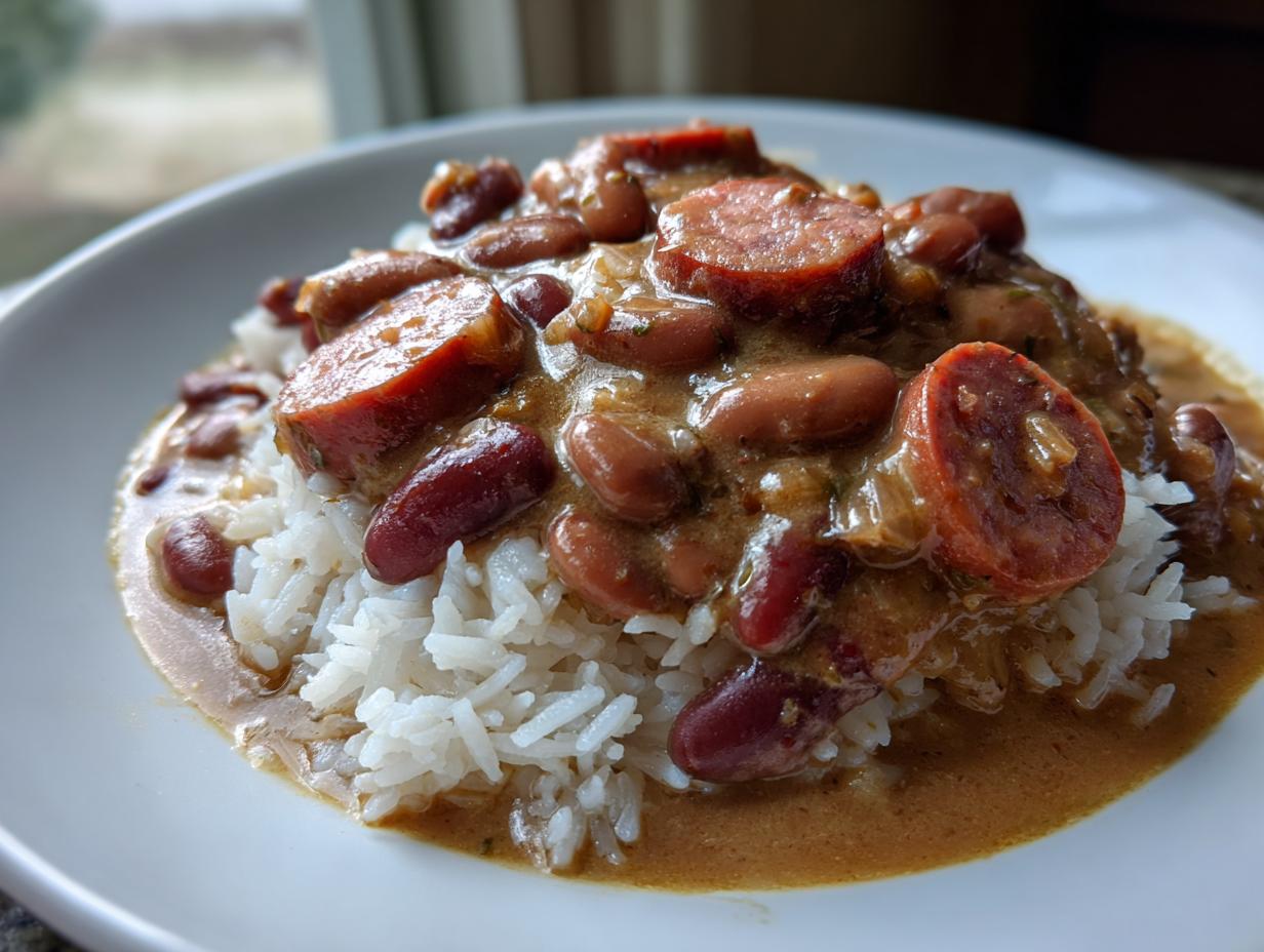 A close-up of a serving of slow cooker red beans and rice topped with slices of smoked sausage on white rice.