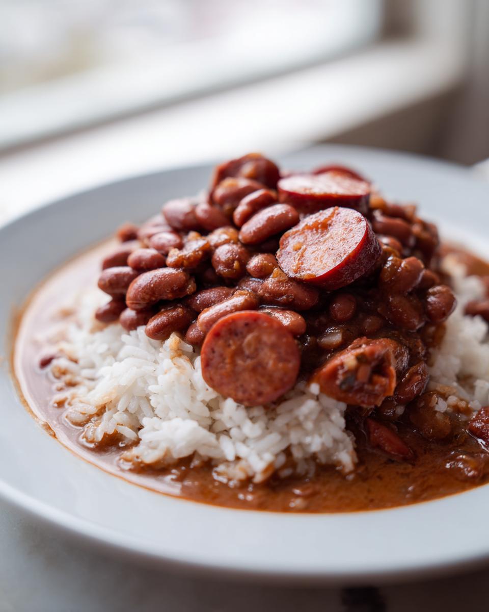 A close-up of a white bowl filled with white rice topped generously with slow cooker red beans and rice and sliced andouille sausage.
